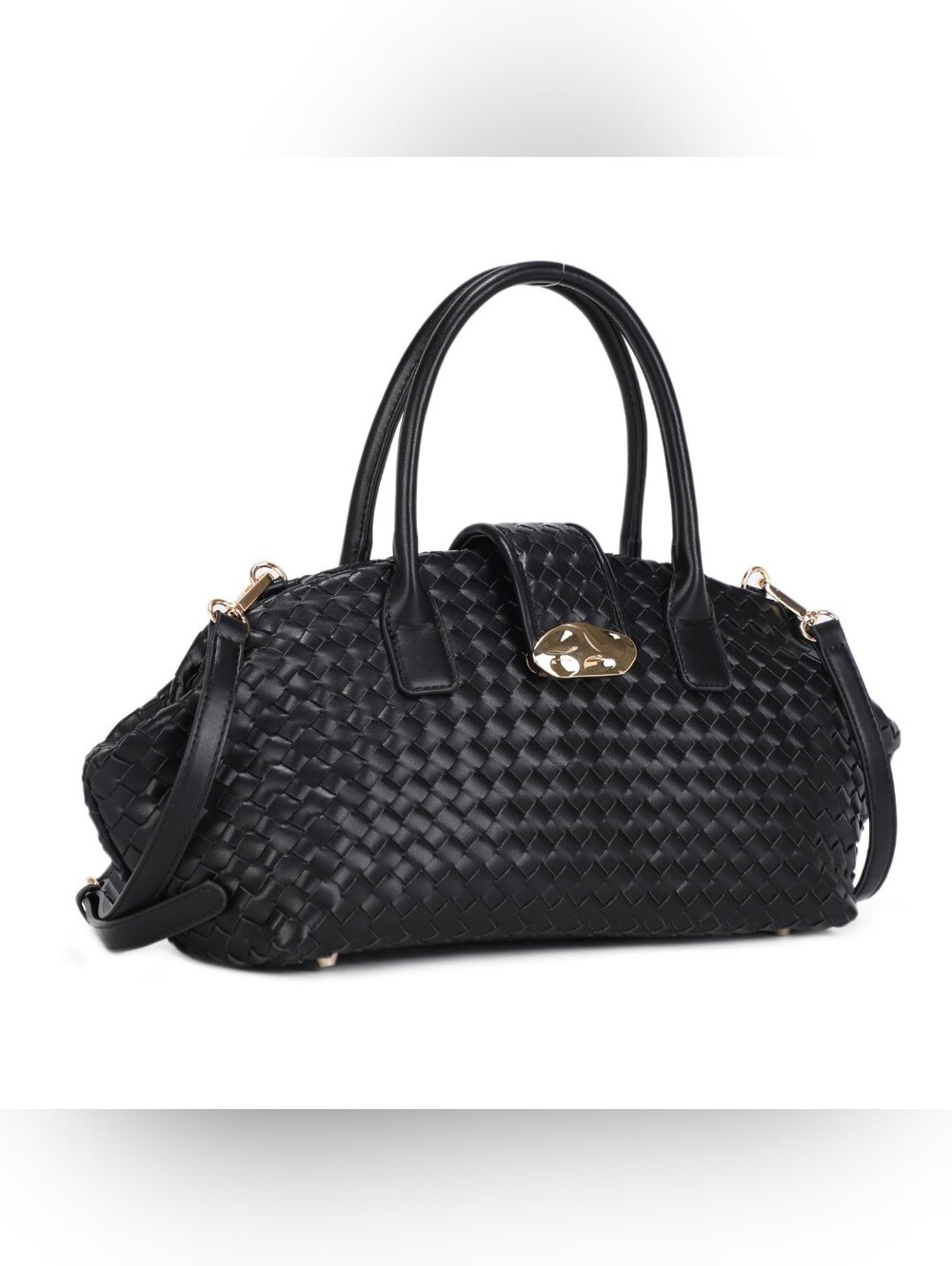 Luxurious Black Vegan Leather Woven Satchel Handbag